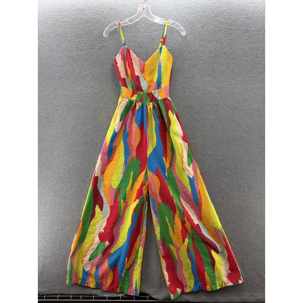 Flying Tomato Jumpsuit Women Small Colorful Clown Striped Wide Leg Pockets Boho